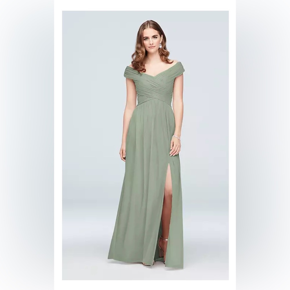 David's Bridal Off-Shoulder Chiffon Maxi Dress in Sage